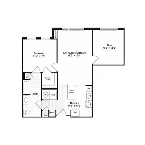 Floor plan for 1 bed, 1 bath, 875 sqft